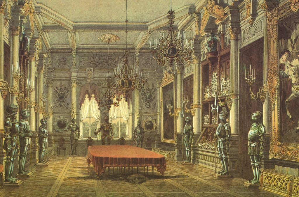 Chandeliers in the dining room of the Verkiai Palace. Chromolithography after Vasily Sadovnikov, 1848, from: Jonas Kazimieras Vilčinskis, Vilniaus albumas, 1987.