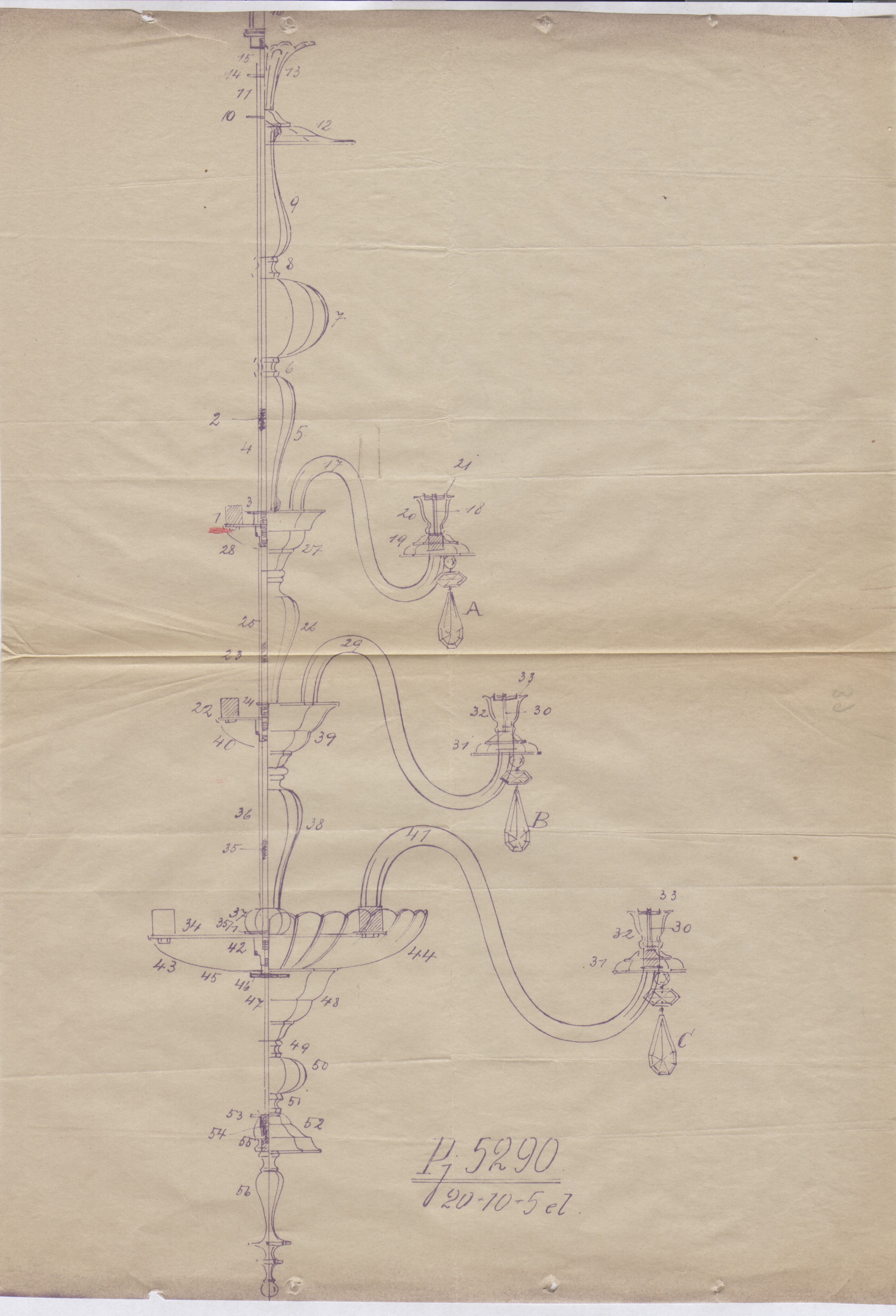 Drawing of the chandelier, 1938, in: Construction file of the Chamber of Commerce, Industry, and Crafts, 1938, in: Lithuanian Central State Archives, f. 987, ap. 1, b. 804.